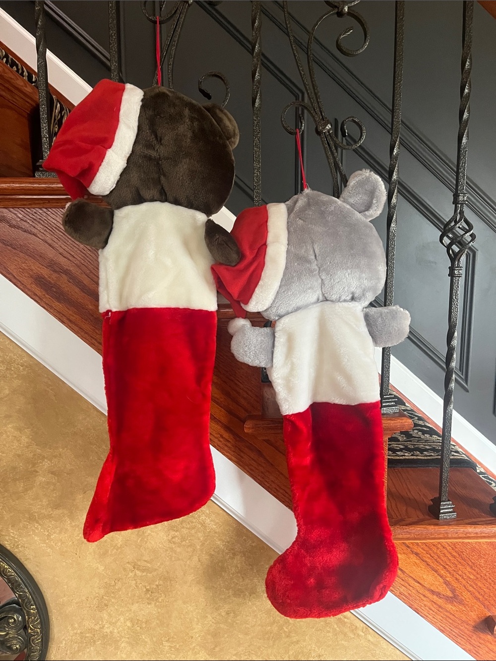 Plush Bear Christmas Stockings - Brown and Gray Bears with Red Hats - Picture 7 of 7